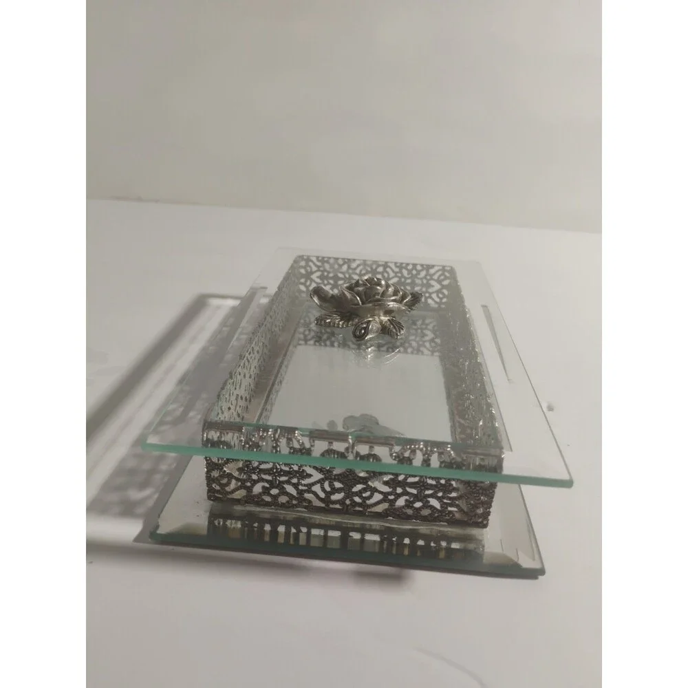 Vintage Studio Silversmiths Rose Filigree Beveled Glass Mirrored Jewelry Box